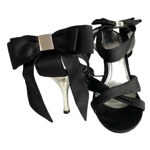 Fioni Womens Black Satin Pumps w/ Bow Ankle Strap Open Toe Stiletto Heels Size 8